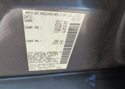 2017 Nissan Altima 2.5 Sr z USA, uszkodzony, nr VIN 1N4AL3AP4HN359476